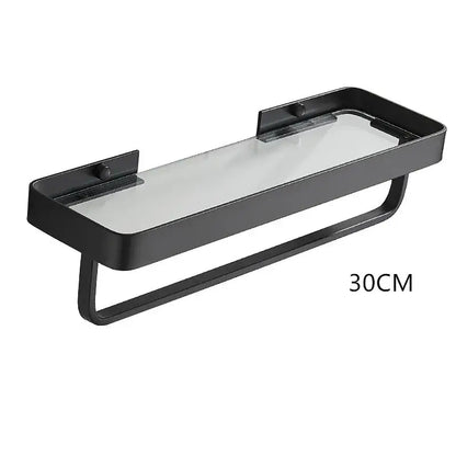 White double tier glass corner shelf with towel bar for bathroom