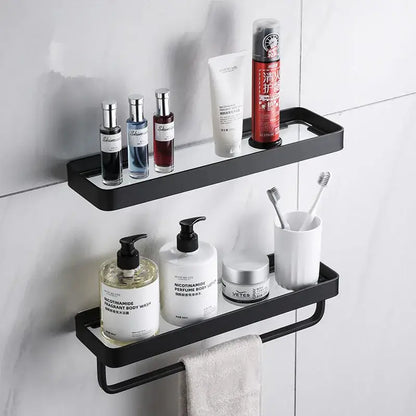 White double tier glass corner shelf with towel bar for bathroom