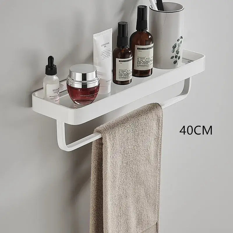 White double tier glass corner shelf with towel bar for bathroom