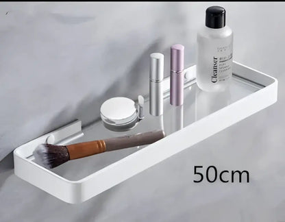White double tier glass corner shelf with towel bar for bathroom