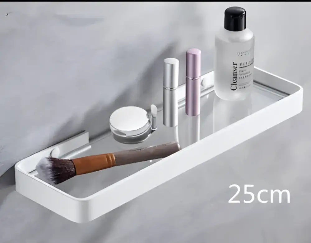 White double tier glass corner shelf with towel bar for bathroom