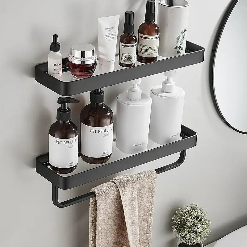 White double tier glass corner shelf with towel bar for bathroom