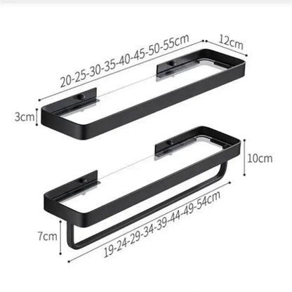White double tier glass corner shelf with towel bar for bathroom