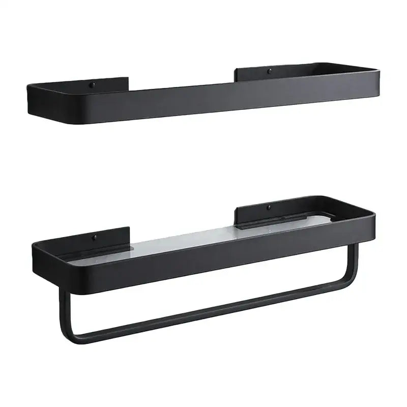 White double tier glass corner shelf with towel bar for bathroom