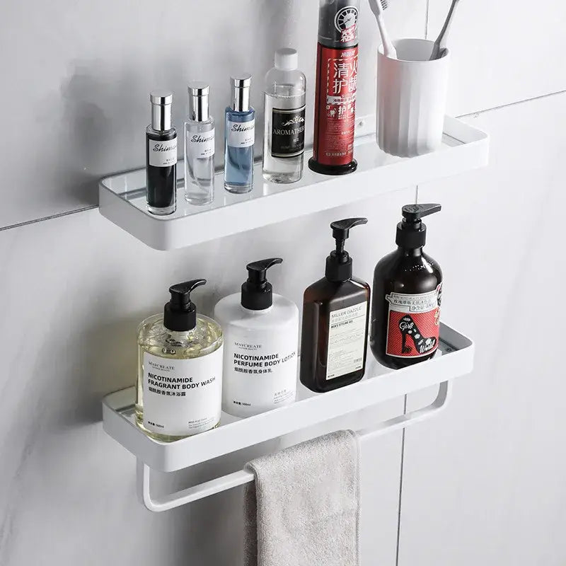White double tier glass corner shelf with towel bar for bathroom