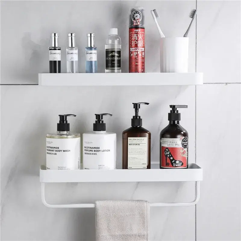 White double tier glass corner shelf with towel bar for bathroom
