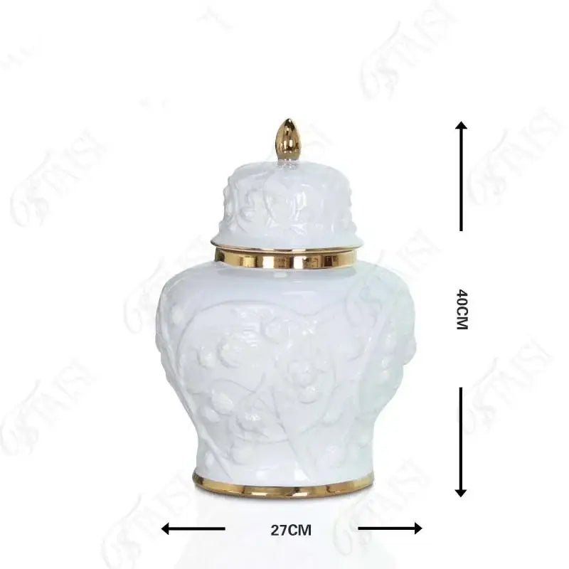 White embossed flower ceramic ginger jar – living room storage vase