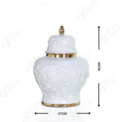 White embossed flower ceramic ginger jar – living room storage vase