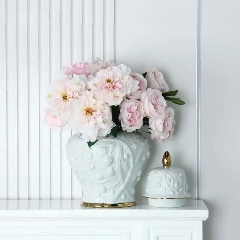 White embossed flower ceramic ginger jar – living room storage vase