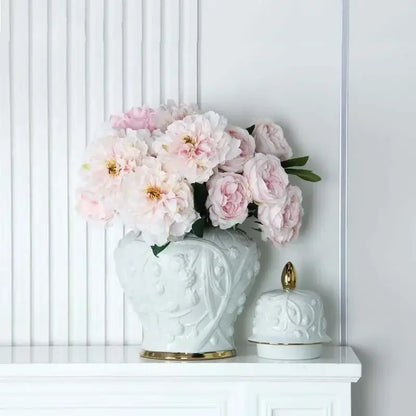 White embossed flower ceramic ginger jar – living room storage vase