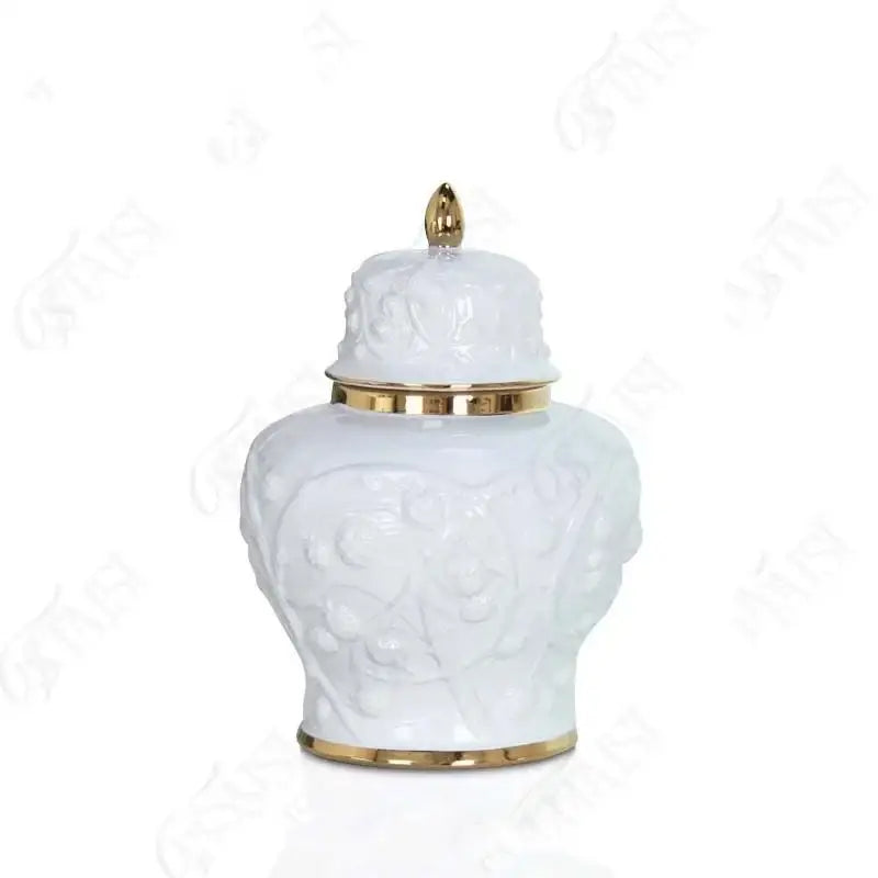 White embossed flower ceramic ginger jar – living room storage vase