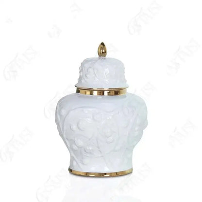 White embossed flower ceramic ginger jar – living room storage vase