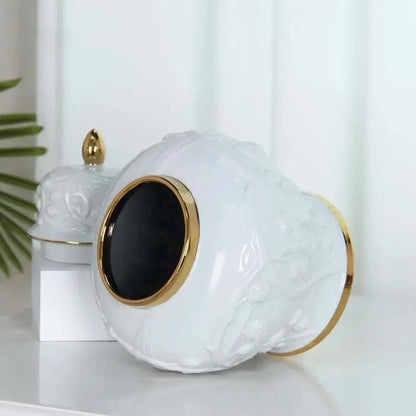 White embossed flower ceramic ginger jar – living room storage vase