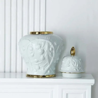 White embossed flower ceramic ginger jar – living room storage vase