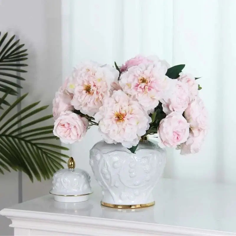 White embossed flower ceramic ginger jar – living room storage vase