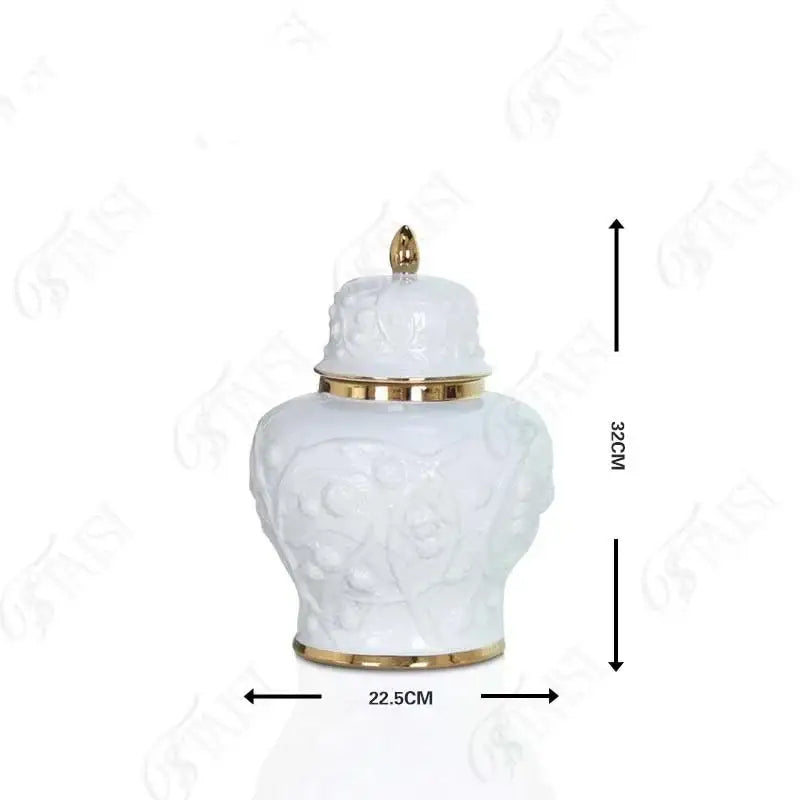 White embossed flower ceramic ginger jar – living room storage vase