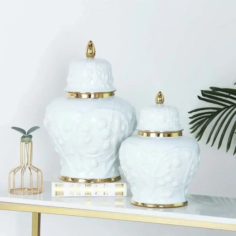 White embossed flower ceramic ginger jar – living room storage vase
