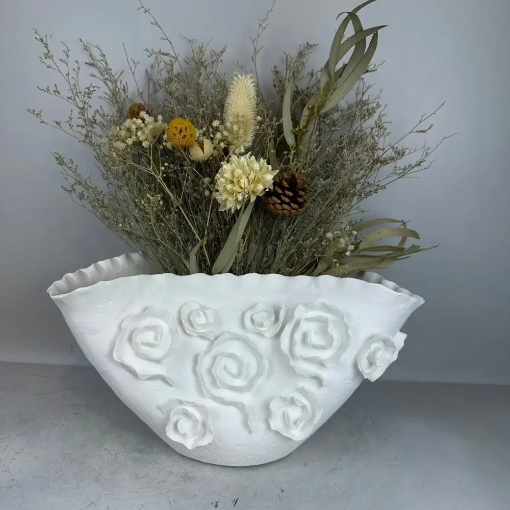 White embossed rose ceramic vase living room scalloped porcelain decor