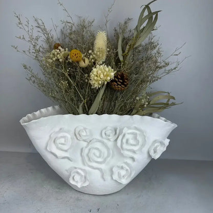 White embossed rose ceramic vase living room scalloped porcelain decor