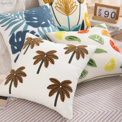 White embroidered cactus lemon pillow case living room decor