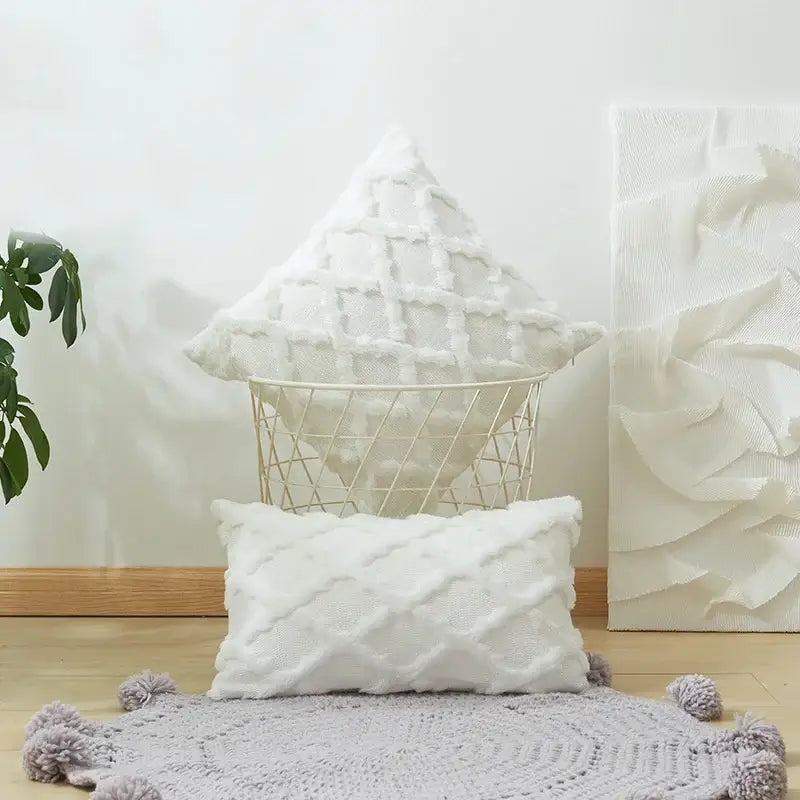 White embroidered diamond cushion cover for living room decor