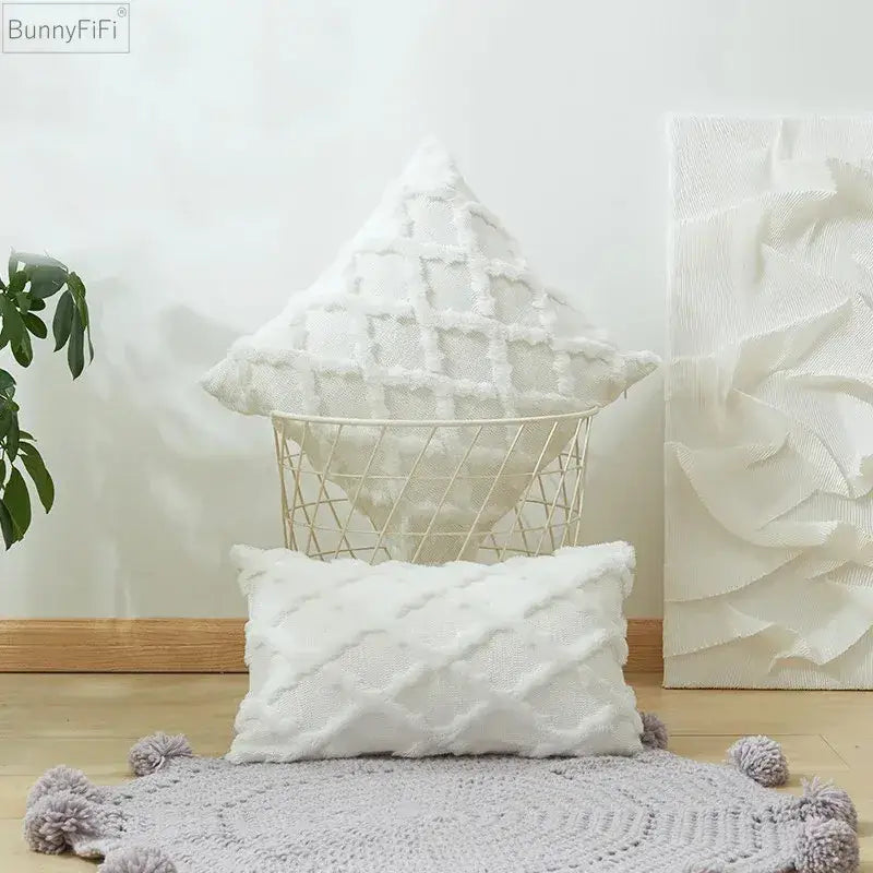 White embroidered diamond cushion cover for living room decor