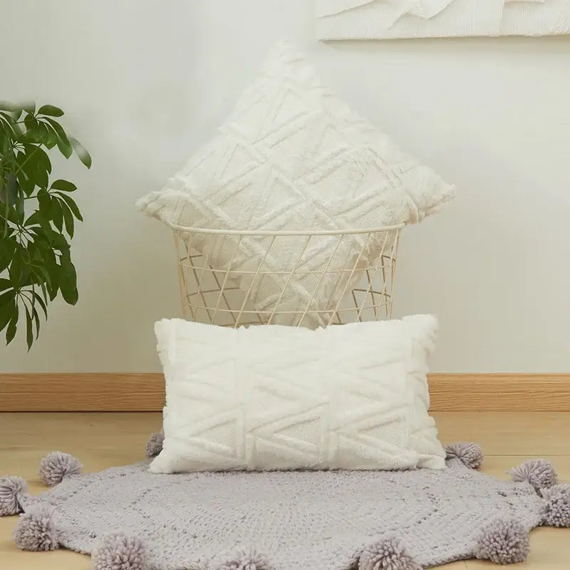 White embroidered diamond cushion cover for living room decor