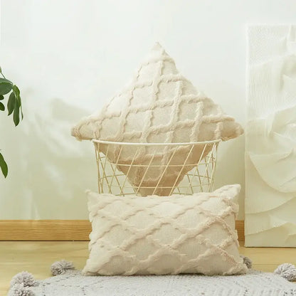 White embroidered diamond cushion cover for living room decor