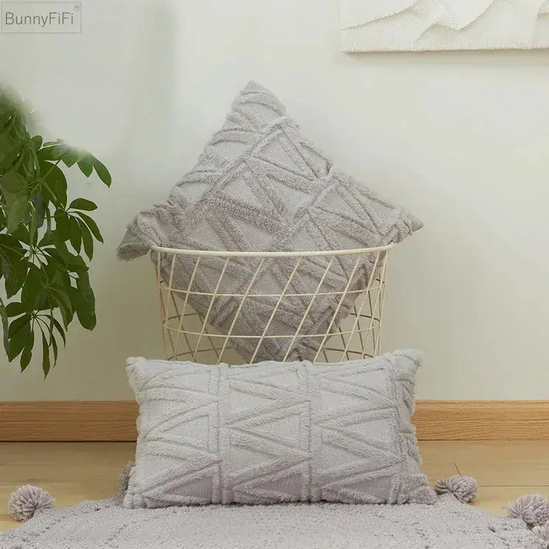 White embroidered diamond cushion cover for living room decor