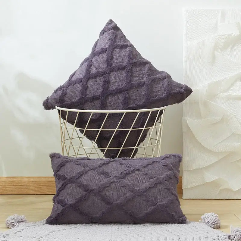 White embroidered diamond cushion cover for living room decor