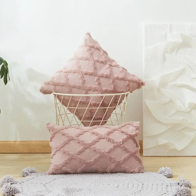 White embroidered diamond cushion cover for living room decor