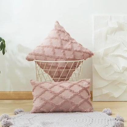 White embroidered diamond cushion cover for living room decor