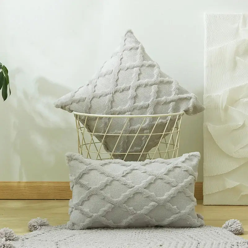 White embroidered diamond cushion cover for living room decor