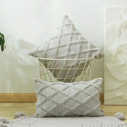 White embroidered diamond cushion cover for living room decor
