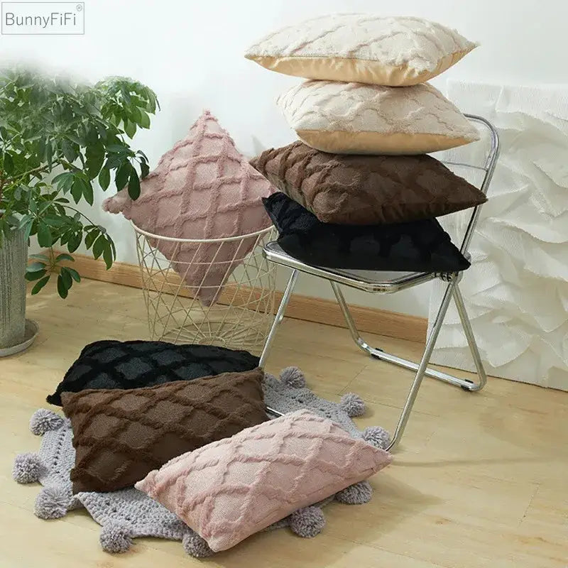 White embroidered diamond cushion cover for living room decor