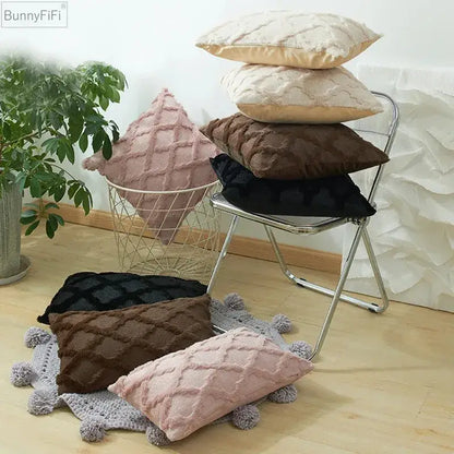 White embroidered diamond cushion cover for living room decor