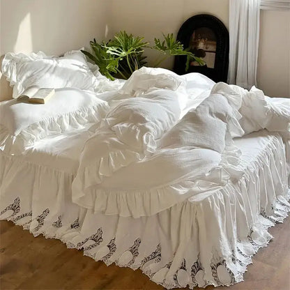 White embroidered lace cotton ruffles bedding set – bedroom luxury