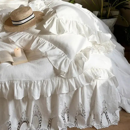 White embroidered lace cotton ruffles bedding set – bedroom luxury