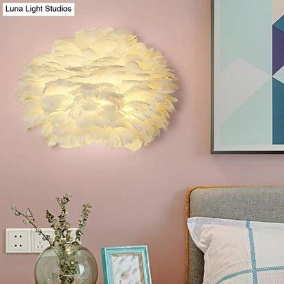 DecorBites™ White Feather Nordic Wall Sconce with Blossoming Flower Design for Girls' Bedroom Lighting