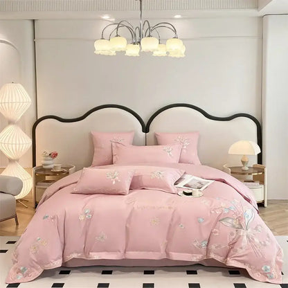 White floral butterfly flowers embroidery bedding set bedroom