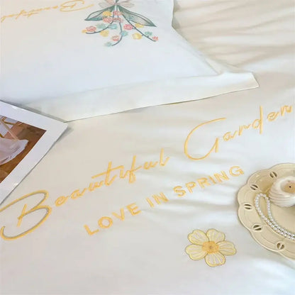 White floral butterfly flowers embroidery bedding set bedroom