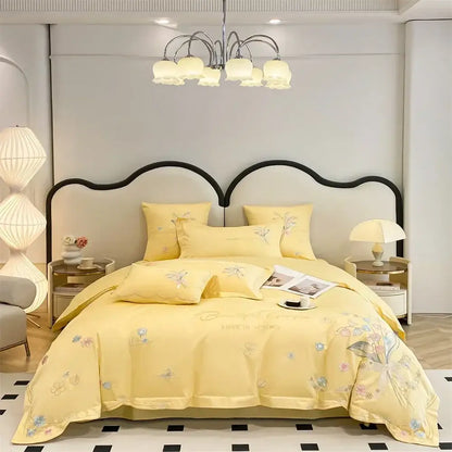White floral butterfly flowers embroidery bedding set bedroom