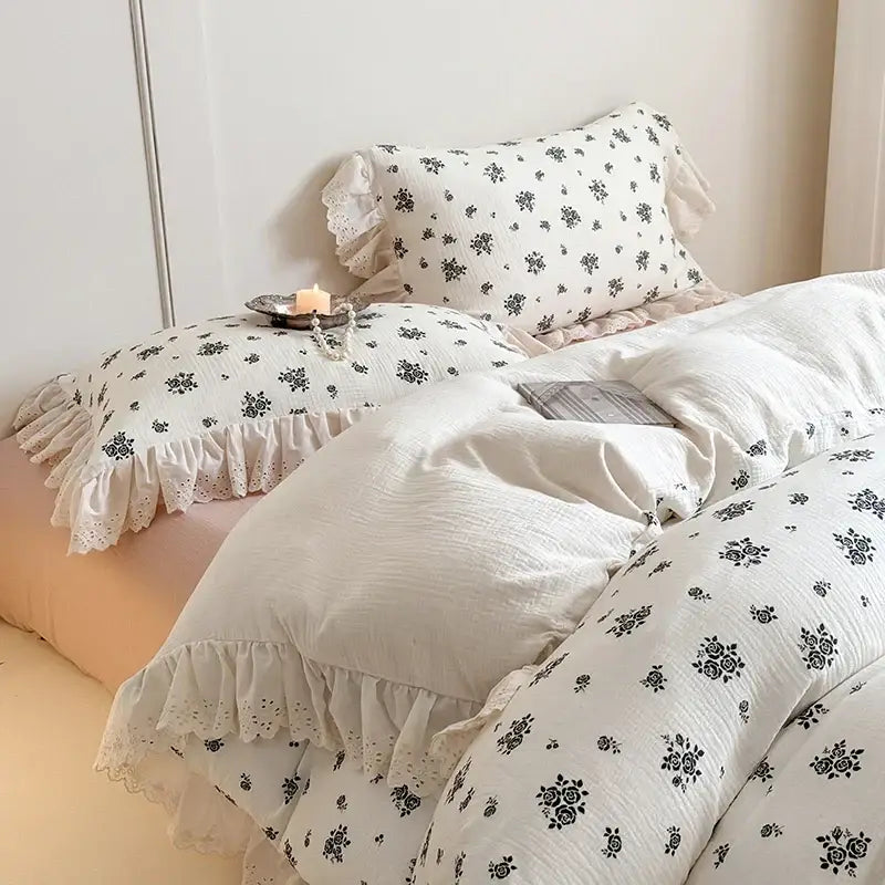 DecorBites™ French Lace Ruffles Floral 100% Cotton Bedding Set with Duvet Cover, Sheet, Pillowcases