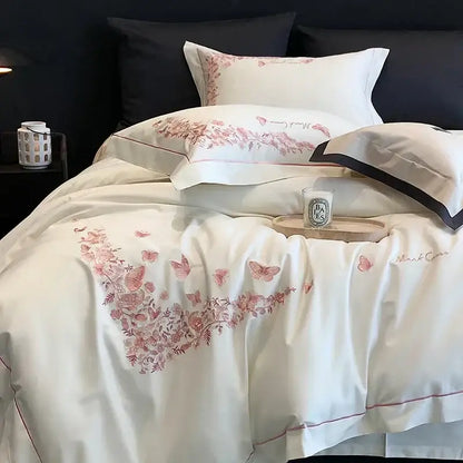 White floral egyptian cotton bedding sets bedroom linens with red piping