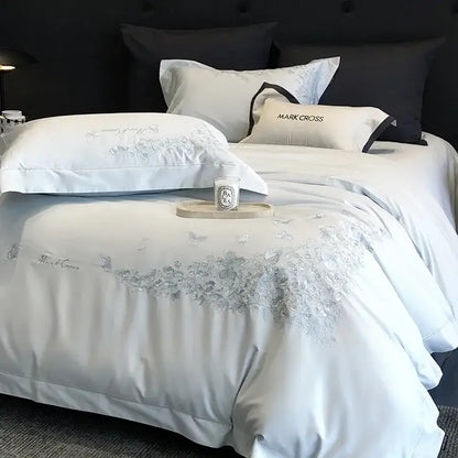 White floral egyptian cotton bedding sets bedroom linens with red piping