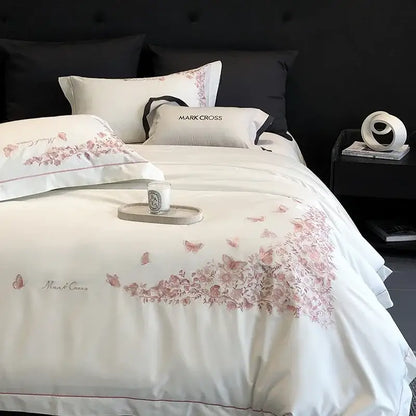 White floral egyptian cotton bedding sets bedroom linens with red piping