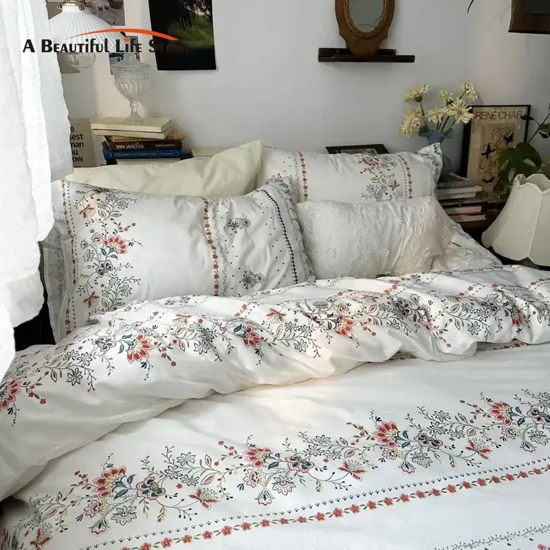 White floral embroidered cotton duvet cover set bedroom bedding