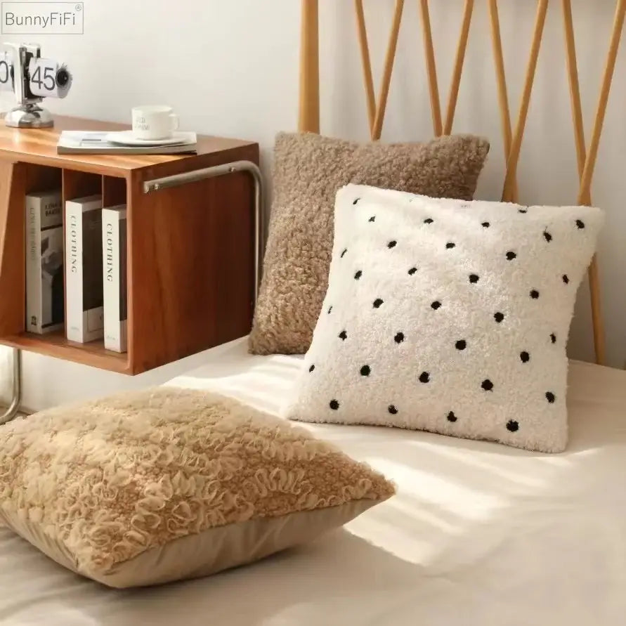 White fluffy ivorycamel polka dot cushion cover 45x45cm living room
