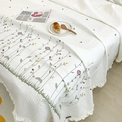 White fresh flower embroidered quilt set bedroom ruffled cotton bedding