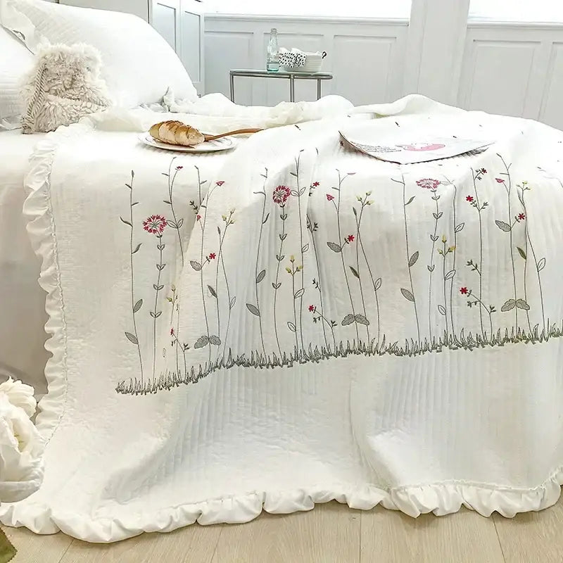 White fresh flower embroidered quilt set bedroom ruffled cotton bedding